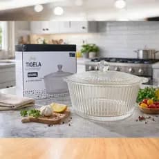 Tigela Terrina 950ml de Vidro Canelado com Tampa 17CM X 12CM - COSY