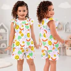 Conjunto Infantil Feminino Blusa Manga Curta e Shorts Arco-Íris Verão Menina Moda Kids