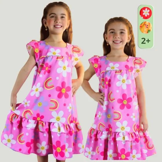 Vestido Infantil Menina Estampado Floral Smile Manga Borboleta Com Babado Barra