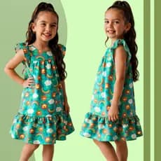 Vestido Infantil Menina Estampado Arco-Íris Leão Babado Rodado Festa Verão Manga Curta