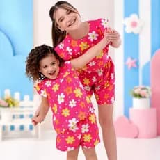 Conjunto Infantil Feminino Blusa Short Floral Rosa Verão Menina Roupa Casual Estampado Fofo