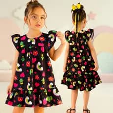 Vestido Infantil Menina Estampado Arco-Íris Corações Rodado Manga Babado Soltinho Festa