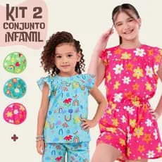 Kit 2 Conjuntos Infantil Feminino Menina Blusa E Short Verão Estampado Crepe Santorine 1 A 14 Anos