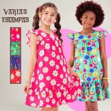 Vestido Infantil Menina Crepe Santorine Estampado Soltinho Com Babado 10 12 14