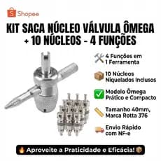 Kit Chave Saca Válvula 4 Em 1 Tipo Ômega + 10 Núcleos Niquelados Reparo Pneu Carro Moto Tubeless