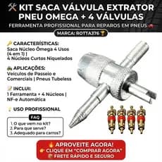 Kit Saca Válvula Pneu 4 Em 1 Extrator Núcleo Tipo Ômega + 4 Núcleos Niquelados Pneu Tubeless