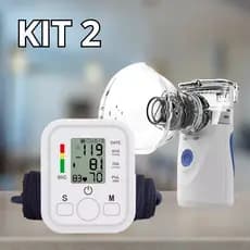 2 KIT Aparelho Medidor De Pressão Arterial De Braço E Nebulizador Inalador Ultrassônico Portátil Usb Bivolt Ou Pilha