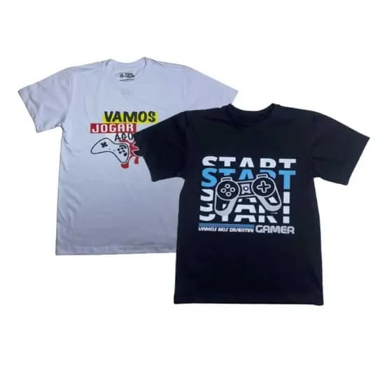 Kit 2 Camisetas Infantis VAMOS JOGAR + START – 100% Algodão