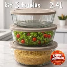 Kit 3 Tigelas Saladeira De Vidro Com Tampa Plástica 2,4 Litros Multiuso
