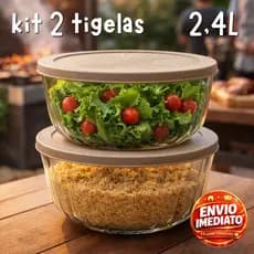 Kit 2 Tigelas Saladeira De Vidro Com Tampa Plástica 2,4 Litros Multiuso