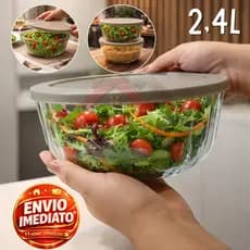 Tigela Saladeira De Vidro Pote Com Tampa Plástica 2,4 Litros Multiuso