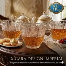 Jogo De Xícara De Café E Chá Em Vidro Trabalhado 200ml Elegância E Sofisticação Kit Conjunto Completo 3 Unidades