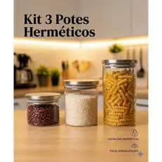 Kit Conjunto Potes Herméticos Vidro Borossilicato Tampa Inox com Silicone - 3 Unidades