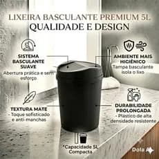 Lixeira Basculante Banheiro Lavabo e Escritório Escandinava 5 Litros – Linha Black Matte