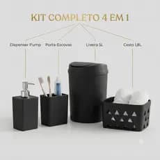 Kit Banheiro 4 Peças- Lixeira 5L, Porta Sabonete, Porta Escovas - Preto Fosco