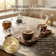 Jogo Xícaras De Café/Chá Em Vidro Transparente Trabalhado Design Delicado e Minimalista Estilo Imperial Classico 200Ml