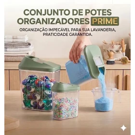 Kit 3 Potes Porta Sabão em Pó Organizadores Herméticos para Lavanderia - Tampa Verde Sage