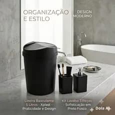 Kit Lavabo Para Banheiro Com Lixeira Dispenser e Porta Escovas Banheiro e Escritório 3 peças Preto Fosco Premium Luxo