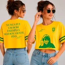 Blusa Cropped Oversized Feminina Algodão Brasil Futebol Rita Lee Djavan Alcione Belchior Frase Divertida MPB Streetwear