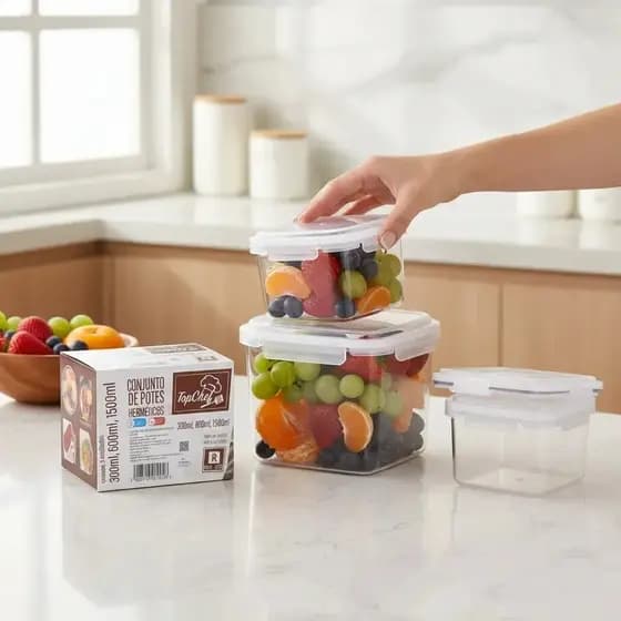 Conjunto Termico Hermetico 3 Potes Conserva Alimentos Frescos Tampa Vedacao Segura Marmita