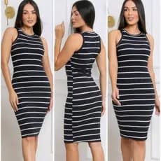 Vestido Canelado listrado Tendência Vestidos Mid casual Vestido curto