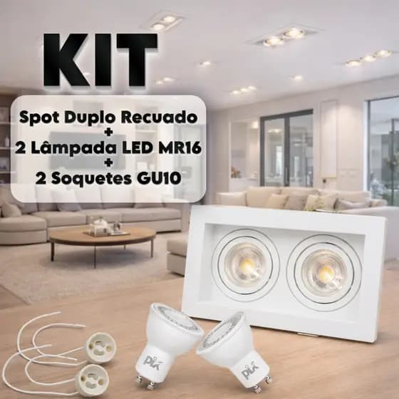 Spot Duplo Recuado MR16 Branco + 2 Lâmpada Led 7w Pix