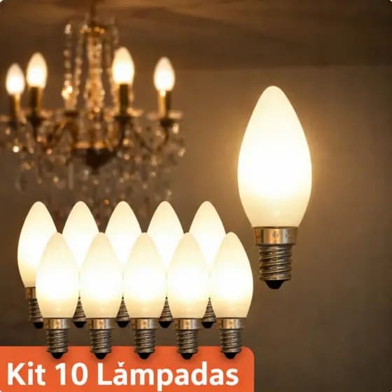 Kit 10 Lâmpada Vela Vidro Leitoso 40W E14 Branco Quente 2700K Taschibra