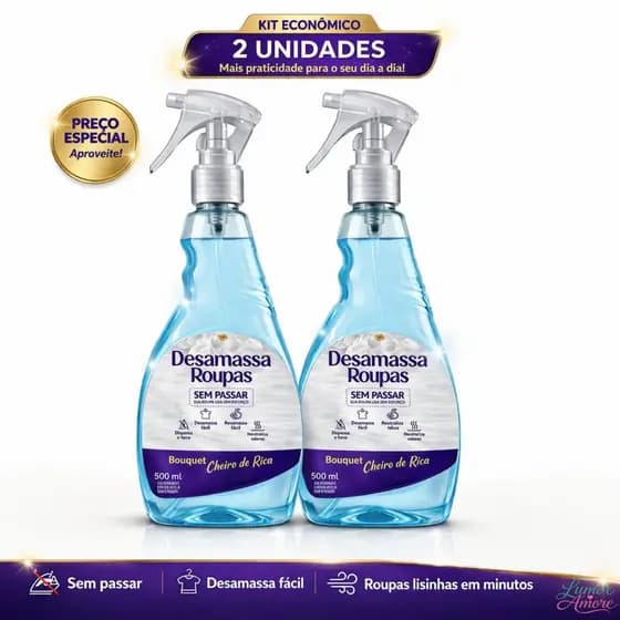 KIT 2 Desamassa Fácil Provita 500ml Passa Roupa S/ Ferro Tira Amassado e Odor Perfume Bouquet Cheiro de Rica