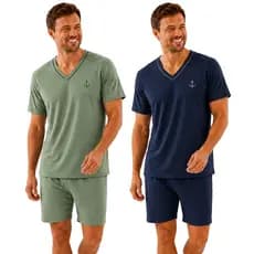 Kit 2 Pijamas Masculino Liso Curto Verão Short e Camisa Manga Curta Atacado
