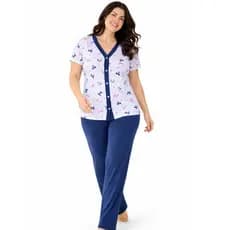 Pijama Feminino Aberto na Frente Manga Curta Calça Comprida Meia Estação Botões