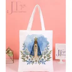 Bolsa sacola Ecobag feminina,unissex NOSSA SENHORA APARECIDA,FLORES AZUL,moda cristã,católica,casual,verão