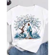 Blusa camiseta feminina ARVORE DA VIDA JESUS flores brancas frase biblica  jesus católica crista gospel igreja,plus size