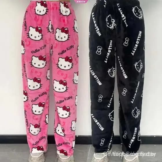 Calças de Pijama de Flanela Quentes e Casuais Hellokitty Y2K Anime Cartoon Kawaii para Adultos no Outono e Inverno UHWJ