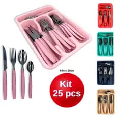 Talheres Inox Faqueiro Jogo 25 Peças Porta Talher Faca Garfo Colher Rosa Vermelho Branco Cinza Preto