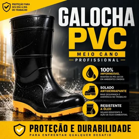 Galocha PVC Impermeável Antiderrapante Profissional Cano Médio Resistente a Óleo Trabalho Limpeza Motoboy Entregador