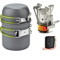 Kit Cozinha Portátil para Camping - Mini Fogareiro M1 + Conjunto Panela Camping 2 Peças