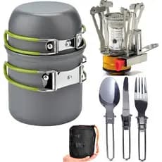 Kit Cozinha Portátil para Camping - Mini Fogareiro M1 + Conjunto Panela Camping 2 Peças + Talheres
