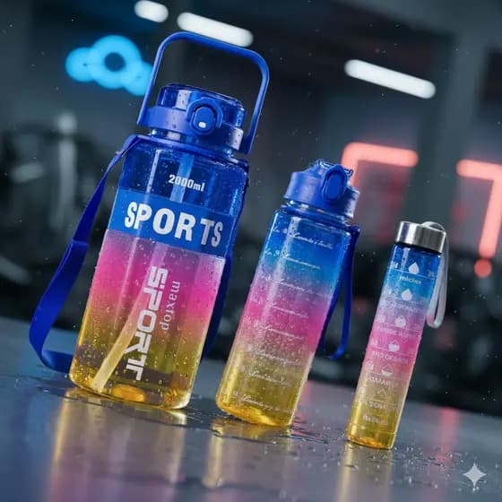 Kit 3 Garrafas Motivacionais 2L, 900ml e 300ml Squeeze Degradê Antivazamento + Suporte Celular