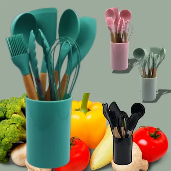 Conjunto Premium de Utensílios de Silicone  Cozinha 8 Peças Cabo de madeira Diversas Cores