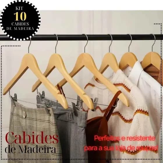 Cabide de Madeira com Presilhas Cromadas Gancho Giratório 360° Para Roupas Organizador