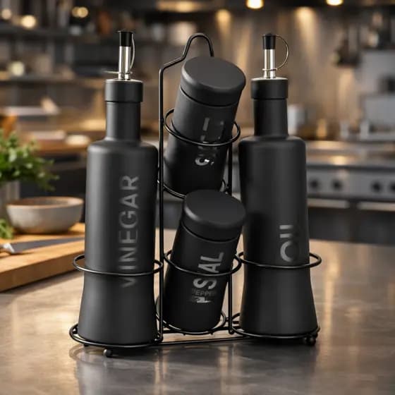 Kit Galheteiro Vidro 5 Peças Azeite Vinagre Saleiro Pimenteiro com Suporte Porta Temperos