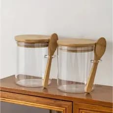 2 Pote De Vidro Hermético Com Tampa E Colher De Bambu Café