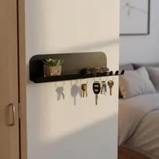 Porta Chaves Com Prateleira Para Hall De Entrada com 7 Ganchos Preto - Feito de Metal