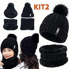 Kit Touca Boina Gorro Pom Pom Cachecol Gola Beanie Forrada Lã Alta Qualidade Tricot Grosso Inverno Frio Feminino