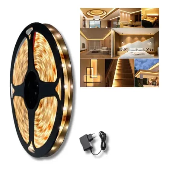 Fita Led 5m 3528 Branco Quente 12v Ip65 Com Fonte