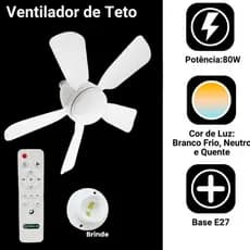 Ventilador de Teto 80w Bivolt 5 helices Oval LED Com bulbo 3 Cores E27 Controle Função Timing