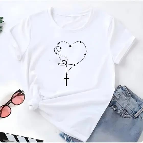 Blusa T-shirt Linda Camiseta Feminina Fé Terço Jesus Camisa