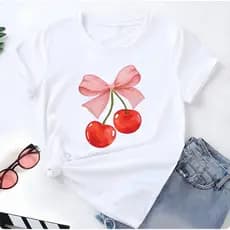Blusa T-shirt Linda Camiseta Feminina Laço Cereja Camisa