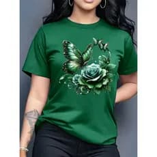 CAMISETA FEMININA ALGODÃO PREMIUM CASUAL E ELEGANTE BORBOLETA FLORAL