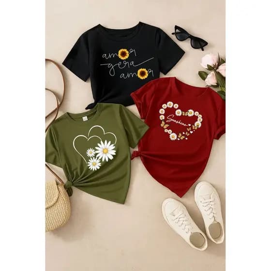Kit 3 Blusas Femininas 100% Algodão Estampadas – Girassol, Margarida e Corações Moda Casual P M G GG
